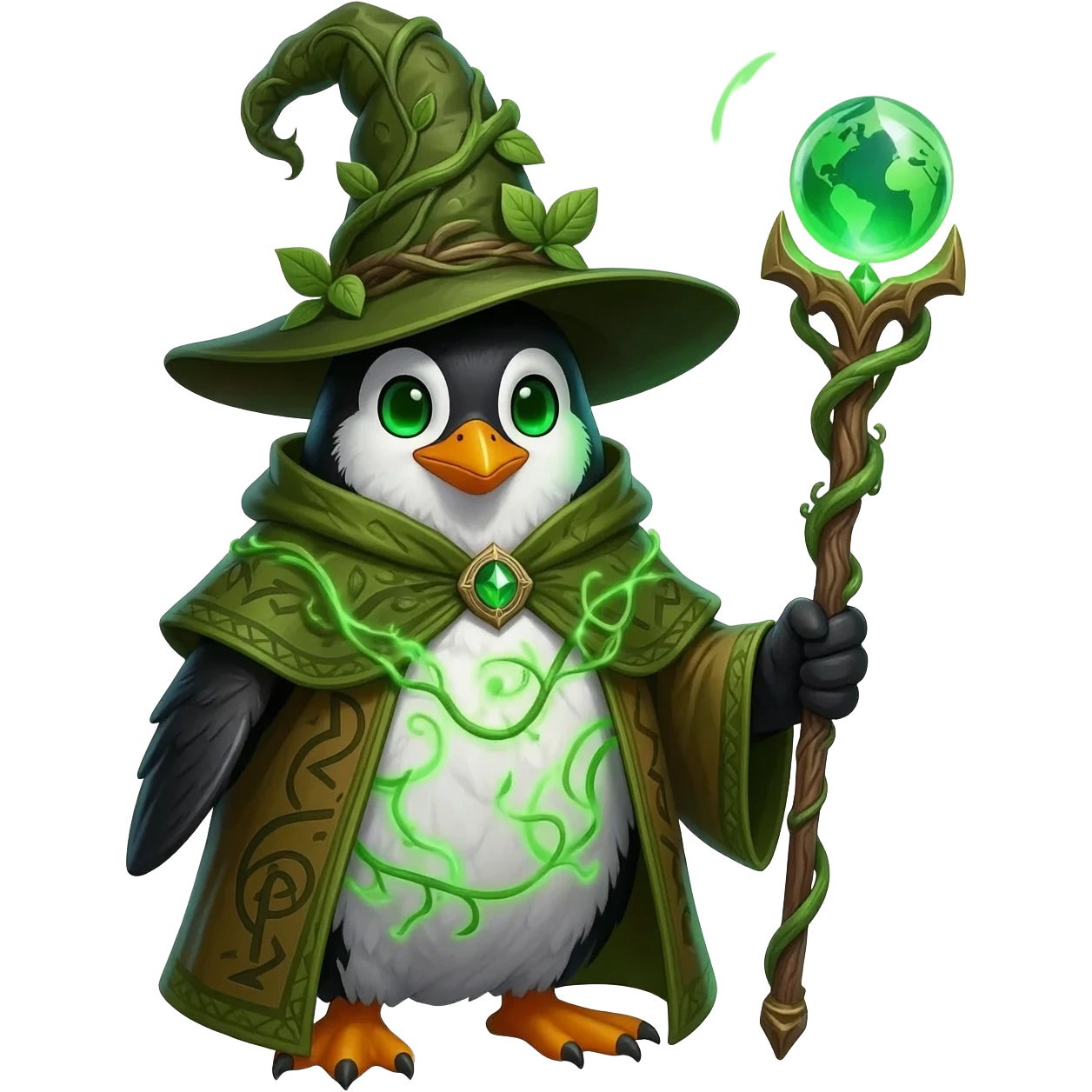 Vibrant earth wizard penguin with black-and-white feathers and glowing emerald-green eyes. Wearing mossy green-and-brown robes with vine runes and tall wizard hat with sprouting leaves. Holding ornate staff with glowing crystal orb. Swirling green energy and vines emanate from its body. emoji