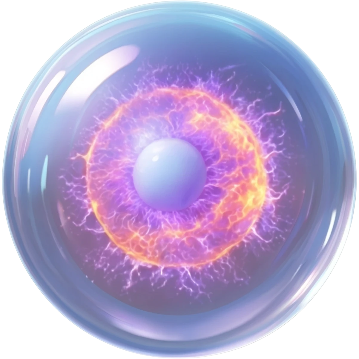 A high-fidelity rendering of a translucent glass sphere containing a vibrant, swirling plasma energy core, Apple emoji style. Extreme gloss finish on the glass surface with complex hdri refractions and caustics.  Deep depth of field, 3D icon, white background. emoji