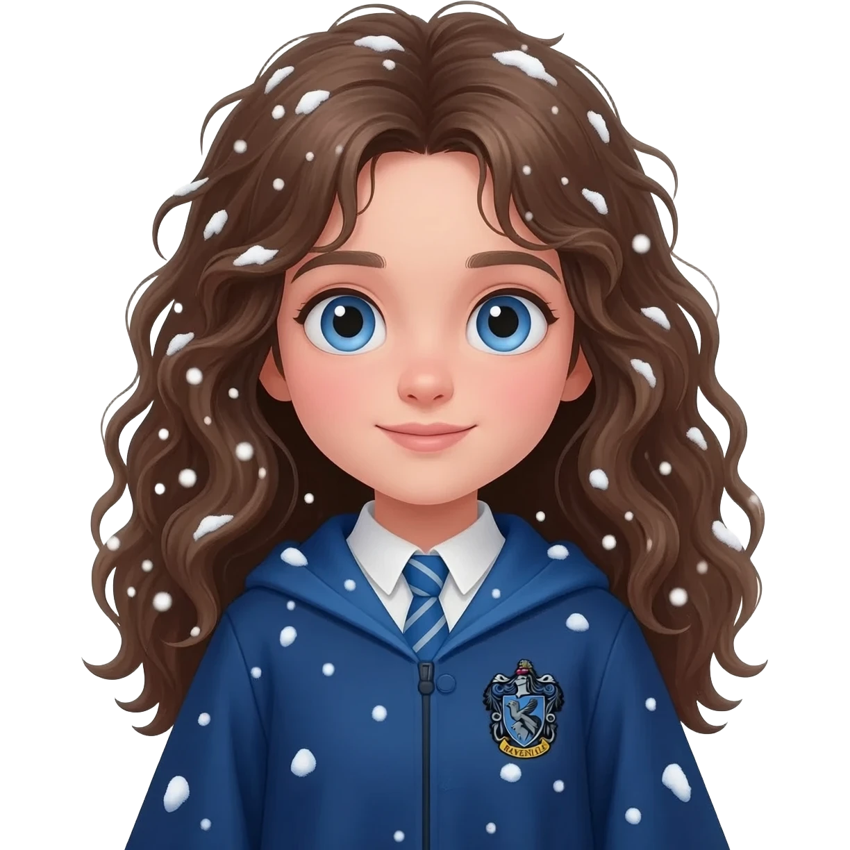 a girl with messy wavy hair in a blue Ravenclaw robe, she's standing in the snow emoji