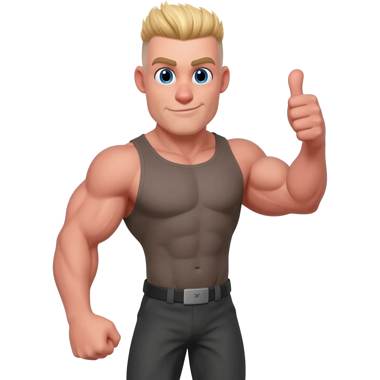 Musclebound, mighty mouse with a blonde crew, cut hair cut, giving a thumbs up with a smirk on his face emoji