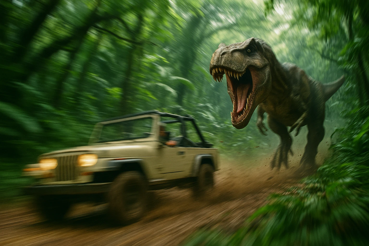 A jeep chased by a dinosaur, referencing Jurassic Park, dynamic action and adventure vibes, motion blur, jungle environment emoji