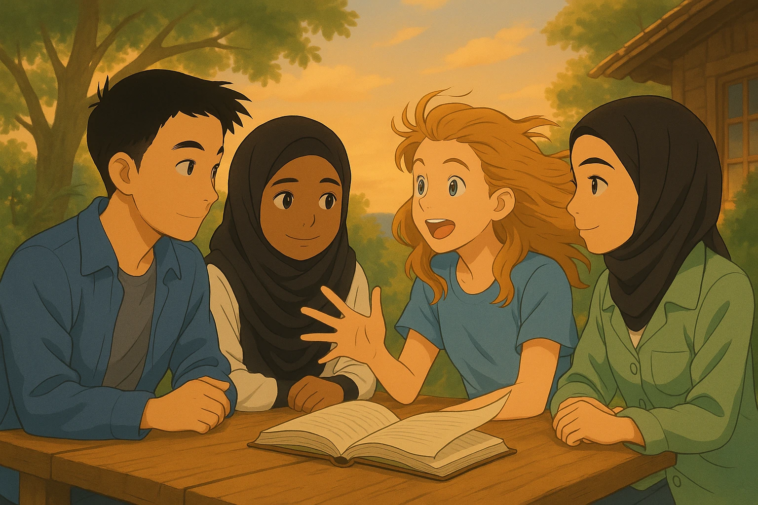 Continuation of the scene: another student is speaking while the others listen attentively. The wind blows gently, causing hair and clothes to move slightly. The book on the table has pages lifting due to the wind. Warm atmosphere, same group of students, same outdoor setting, in Ghibli style. emoji