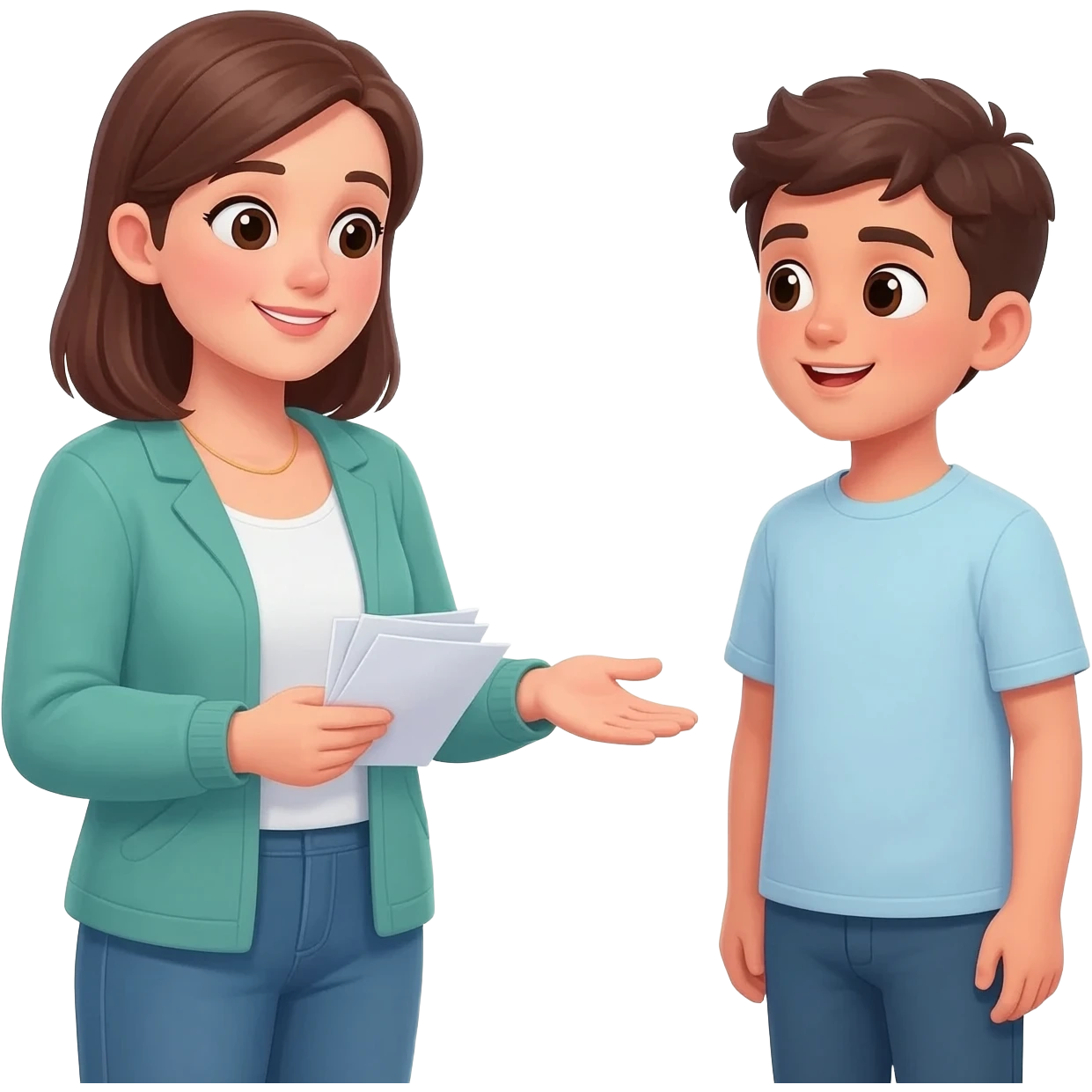 woman handing out leaflets and talking to young person emoji