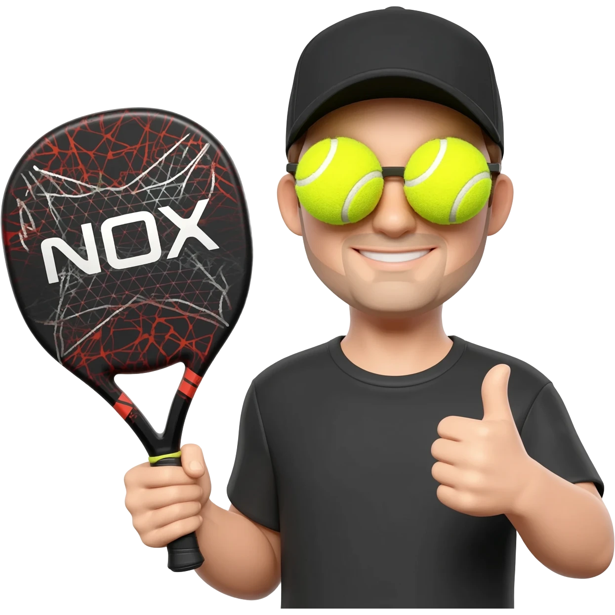 make a circular imogi of man with NOX padel bat with tennis balls forming glasses and wearing a cap with black  top make circular with thumbs up emoji