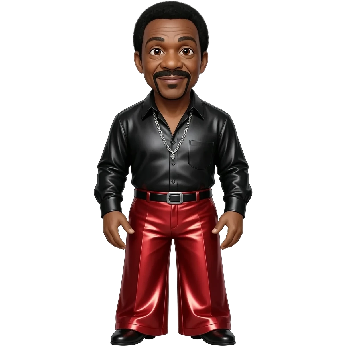Richard Pryor with dark brown eyes, black hair, black metallic shirt, red metallic wide leg pants, silver necklace emoji