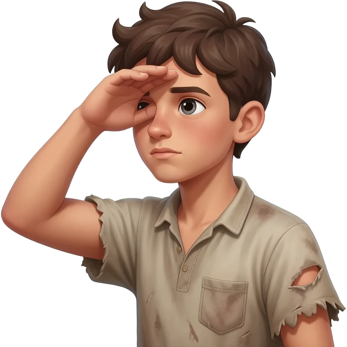 нарисуй парня  бедного в рваной грязной одежде 22-24 года, он смотрит в даль с горы, и вглядывается держа руку над глазами времена древнего иерусалима emoji