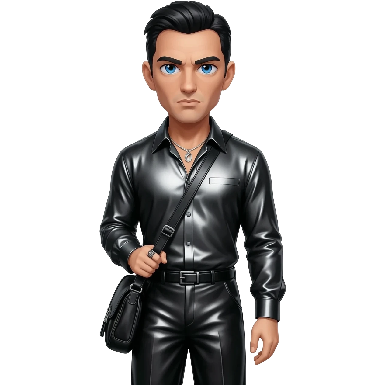 James Bond from James Bond with blue eyes, black hair, black metallic shirt, black metallic baggy pants, silver necklace emoji