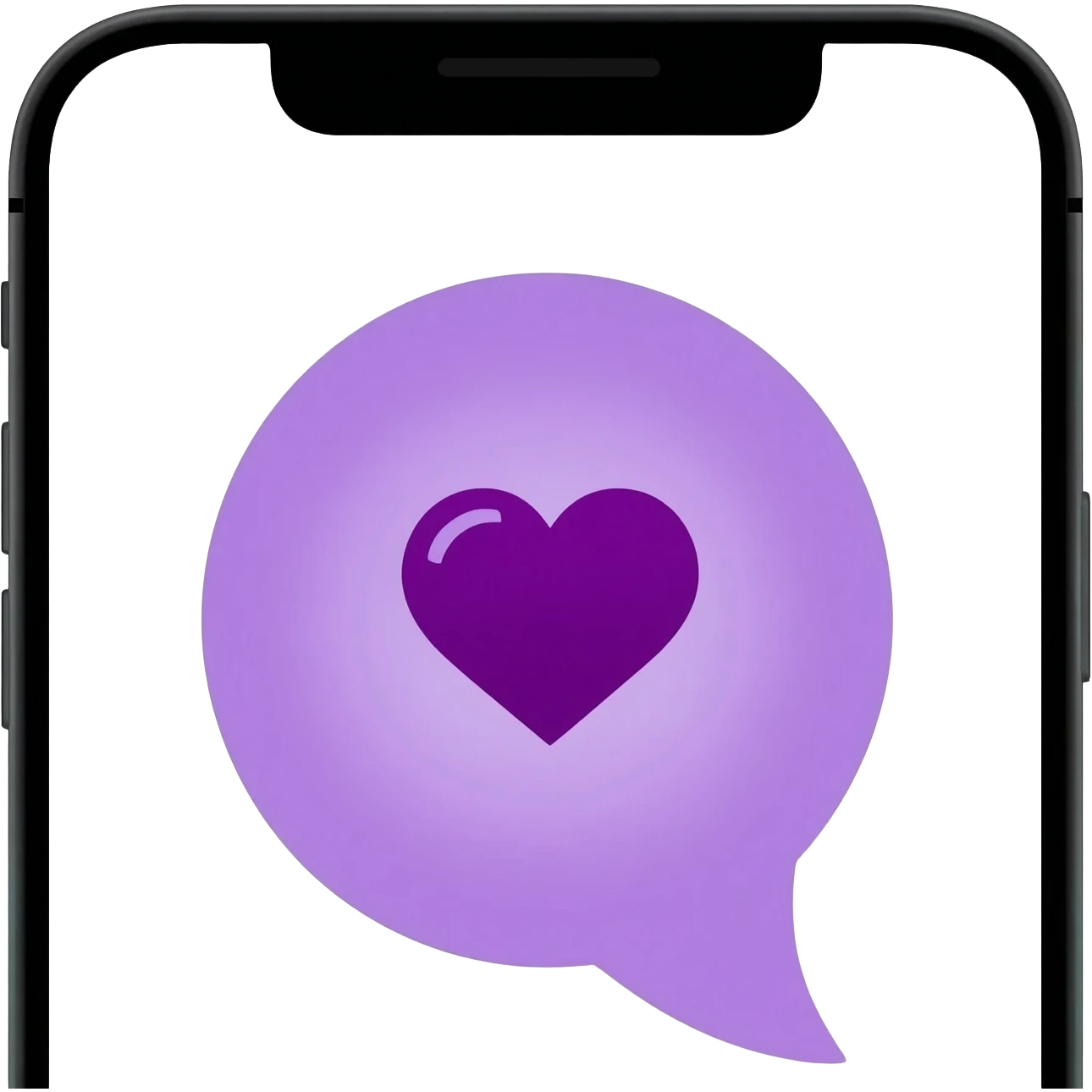 close-up of an iPhone screen with a purple speech bubble emoji containing a purple heart, Apple style, minimal emoji