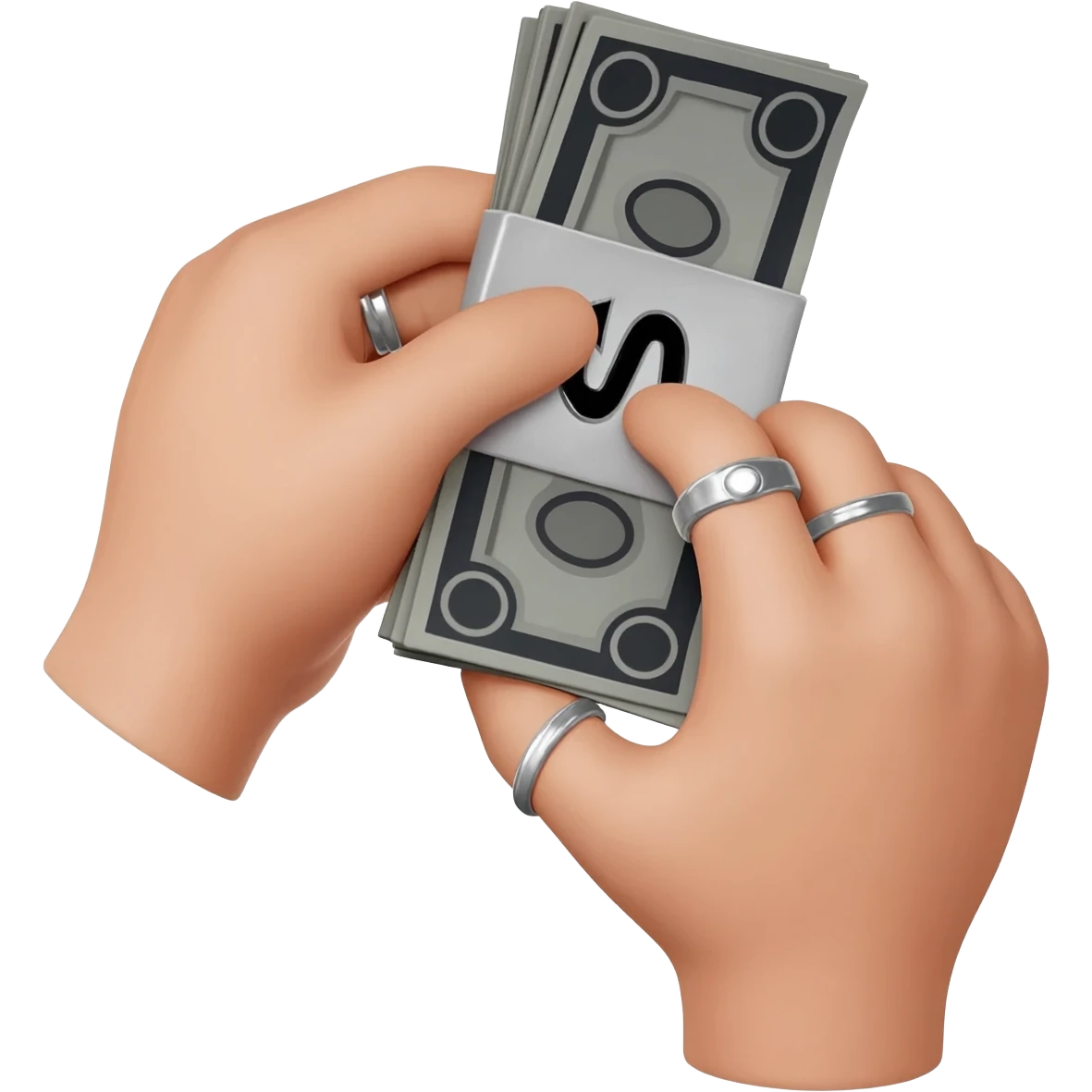 Detailed 3D emoji based on: two male hands with subtle rings, rendered in matte grey. One hand holds a stack of dark, monochromatic US dollar bills with a chrome 'M' logo. High contrast, pure white background. emoji