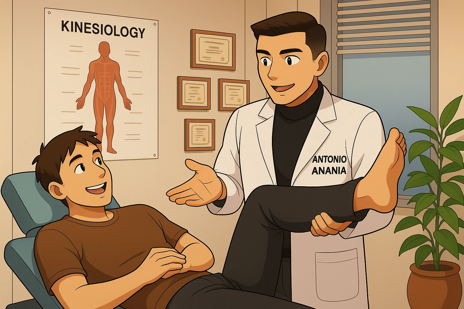 su questo lettino rappresenta un webtoon manga a colori con questo stile, in cui un uomo è steso sul lettino medico e il kinesiologo con il camice bianco (fagli anche la scritta "ANTONIO ANANIA" SUL CAMICE, gli solleva una gamba per fargli il test neuromuscolare, IL KINESIOLOGO SPIEGA ALL'UOMO UNA cosa mentre gli alza la gamba. l'espressione dell'uomo è felice e soddisfatta, non fare i fumetti però, fai solo in modo che sembri stiano parlando emoji