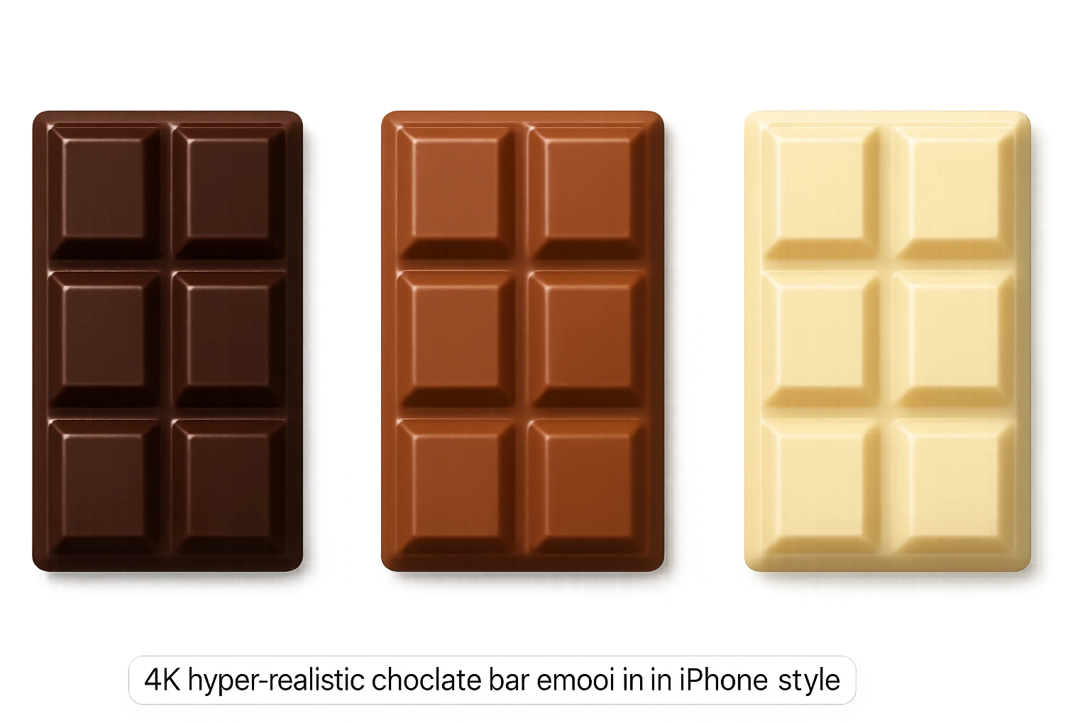 3 emoji stile iphone di BARRETTE DI CIOCCOLATO, UNA FONDENTE, UNA AL LATTE E UNA BIANCA, CON OMBRA REALISTICA, VISTE DALL'ALTO, IPERREALISTICO 4K emoji