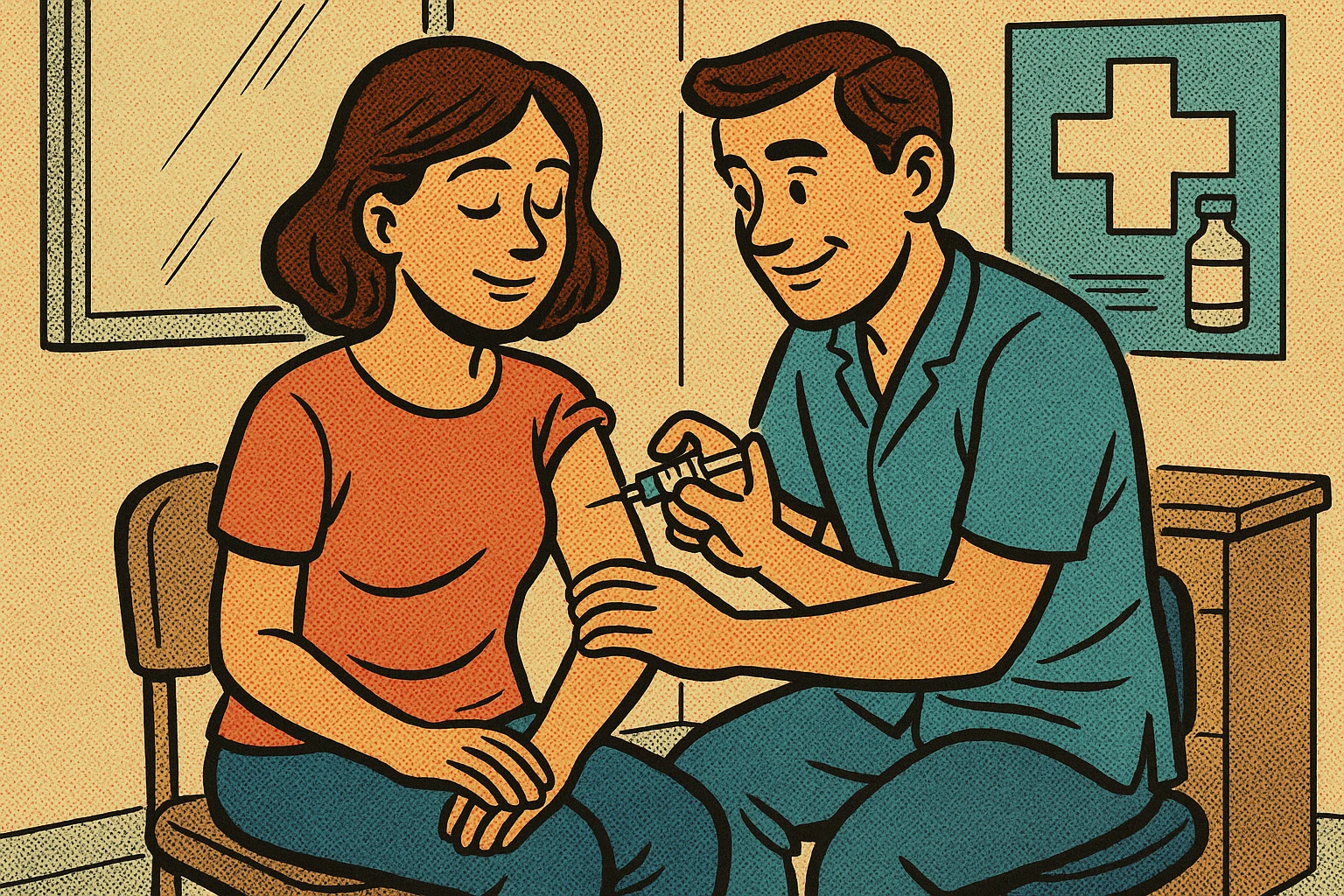 A full body image of a calm mother being injected with a vaccination in the top of her army by a caring male nurse. This is taking place in a doctor's consultation room emoji