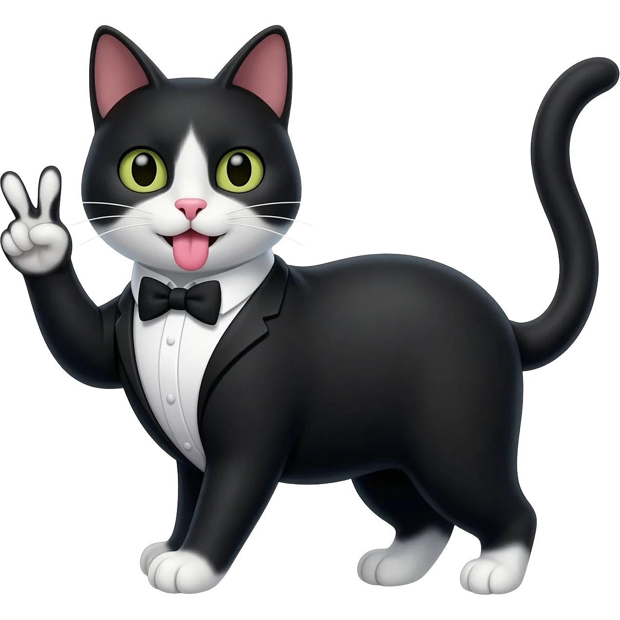 tuxedo cat with tongue out doing a peace sign emoji