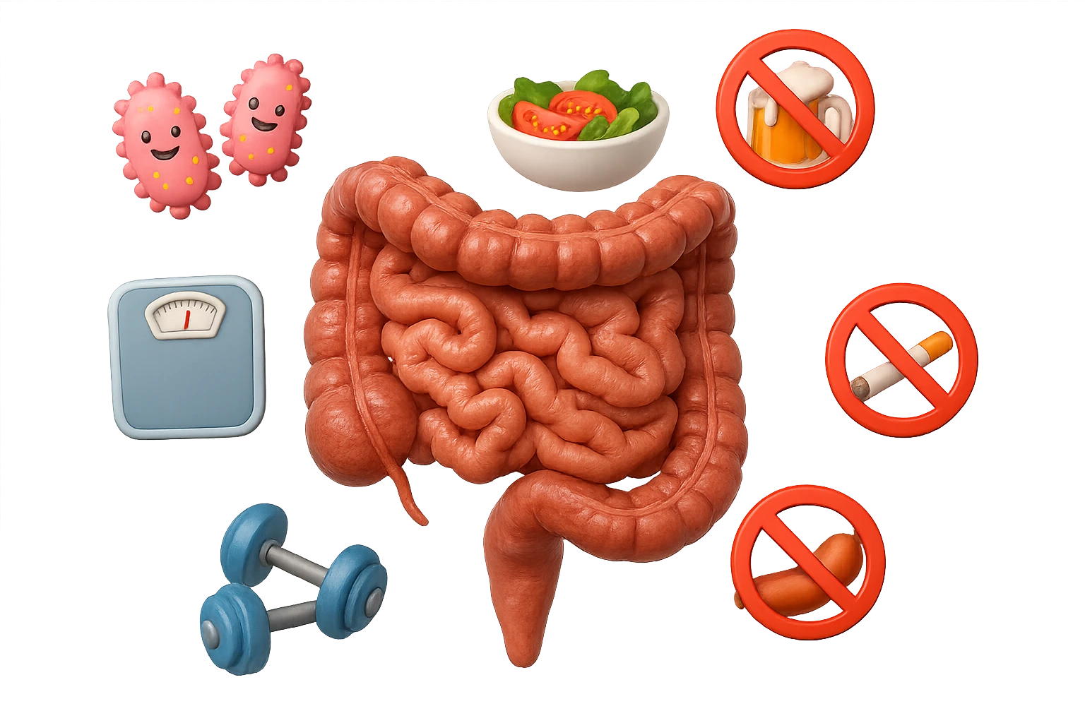 intestino umano anatomico realistico al centro, intorno al quale ruotano emoji stile iphone di: due batteri intestinali felici, una bowl di insalata, una bilancia pesapersone, manubri da palestra, e un boccale di birra con divieto 3d sopra, una sigaretta con divieto 3d sopra e un wurstel con divieto 3d sopra, fluttuano in aria, iperrealistico 4k emoji