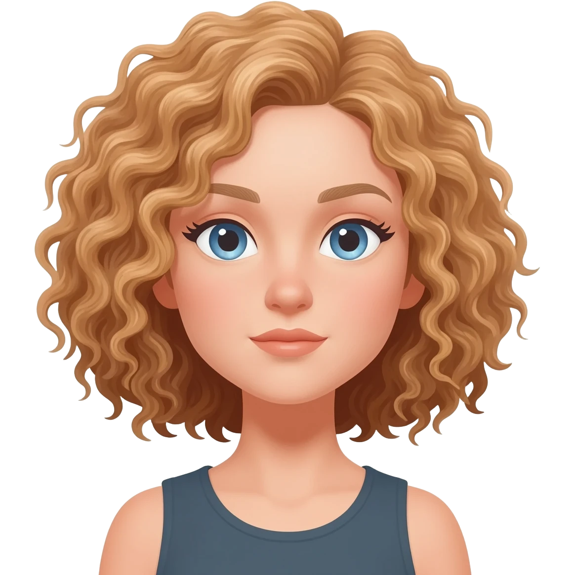 Please the hair more curly! And a little bit lighter, and blue eyes. emoji