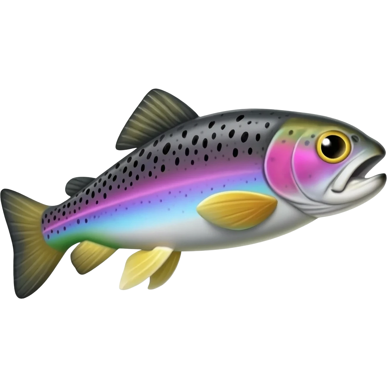 jumping realistic rainbow trout fish bright saturated purple blue green yellow white with scales and black speckles emoji