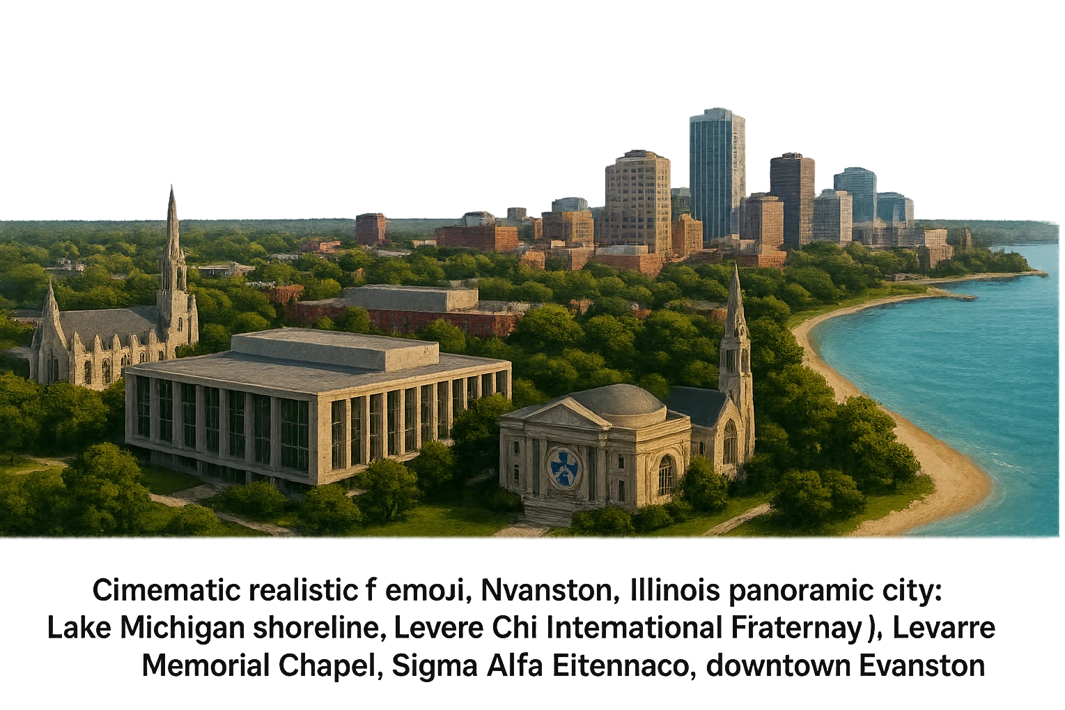 cinematic realistic emoji of Evanston, Illinois panoramic cityscape with Northwestern University campus central and prominent, Lake Michigan shoreline, Sigma Chi International Fraternity Headquarters, Levere Memorial Chapel (Sigma Alpha Epsilon HQ), and downtown Evanston, lifelike detail, accurate colors, bright daylight, no sky, no clouds emoji