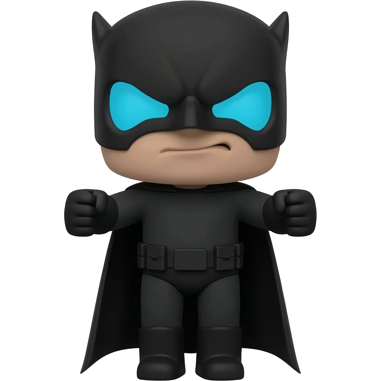 Stylized blocky superhero figure in black armor, glowing blue eyes, chest forward, arms slightly raised in a confident hero stance, cinematic lighting, no background. emoji