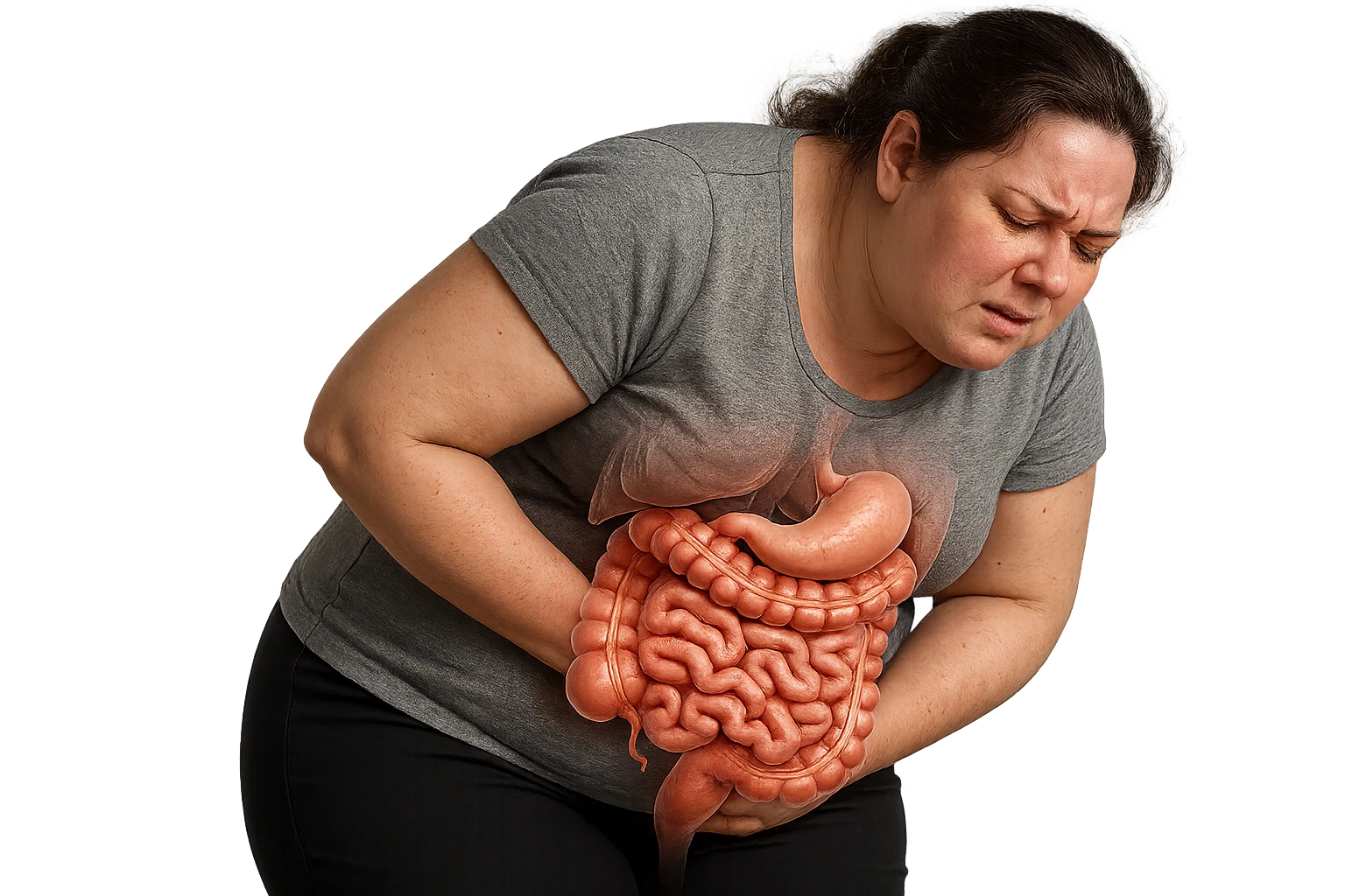 DONNA LEGGERMENTE SOVRAPPESO PIEGATA IN AVANTI CON INTESTINO ANATOMICO IN EVIDENZA, MAL DI PANCIA iperrealistico 4k emoji