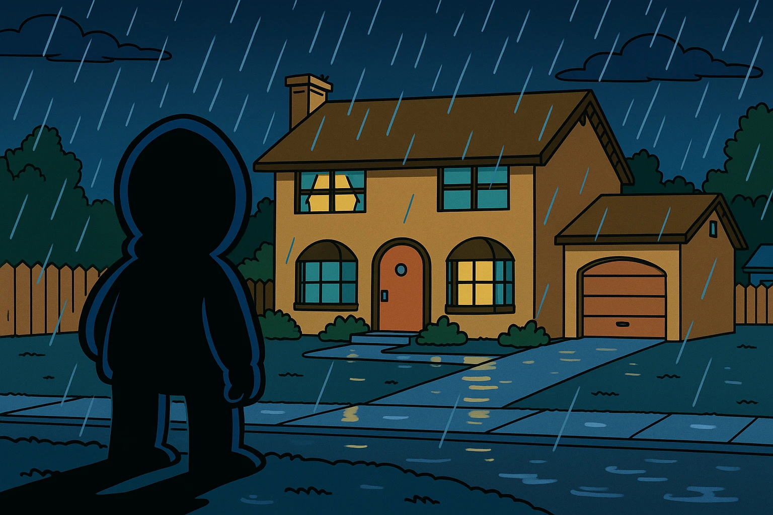 Springfield sous la pluie, la nuit. Une silhouette encapuchonnée observe la maison des Simpson. emoji