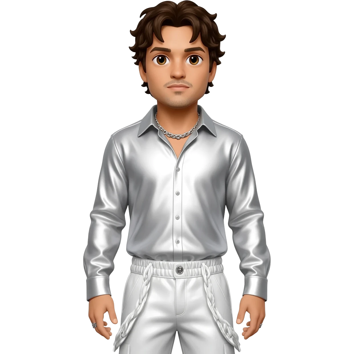 Howie Dorough from Backstreet Boys with brown eyes, dark brown hair, white metallic shirt, white metallic baggy pants, silver necklace emoji