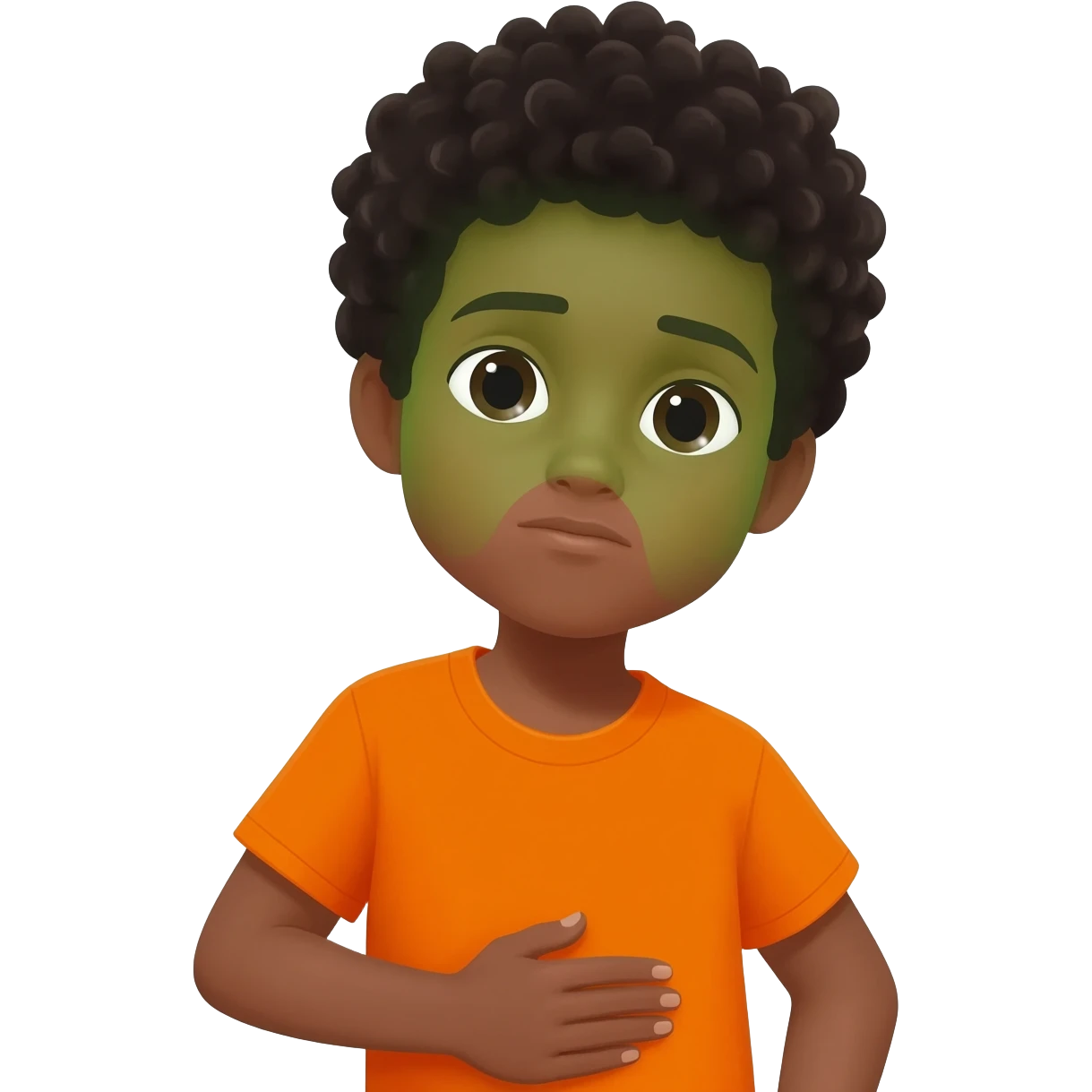 black boy curly hair orange shirt green sick face hand on stomach emoji