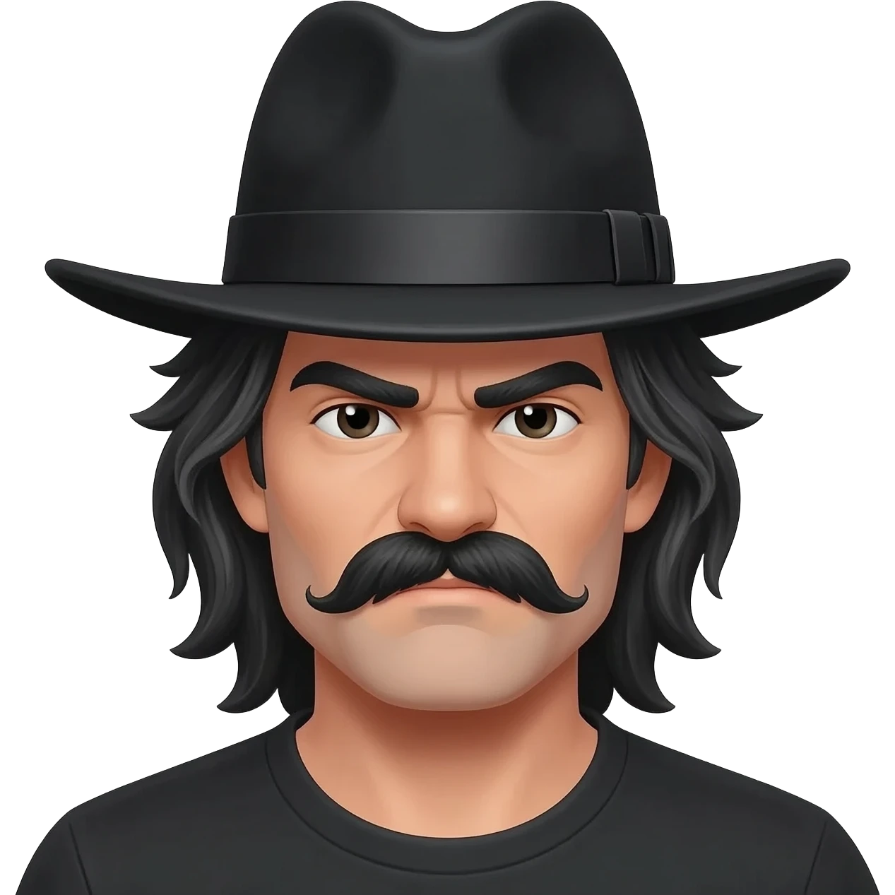 Face: Strong square jaw; furrowed V-brows.
• Mustache: Thick black handlebar; small soul patch.
• Hair: Slicked dark waves; grey temples.
• Hat: Black flat-brimmed gambler; silver band. emoji