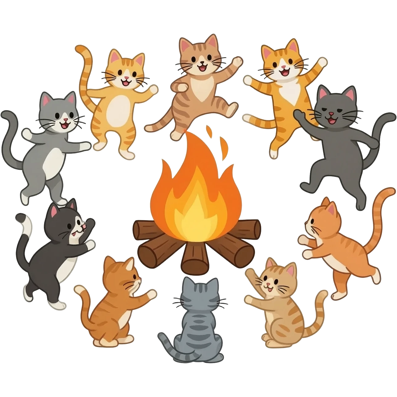 I want 10 cats front of a campfire who are enjoying and they r doing a party emoji