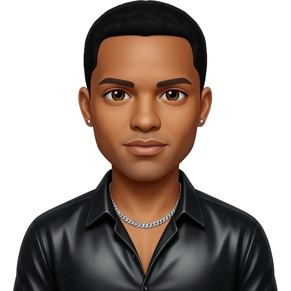 Trey Songz with dark brown eyes, black hair, black metallic shirt, silver necklace and short earrings emoji