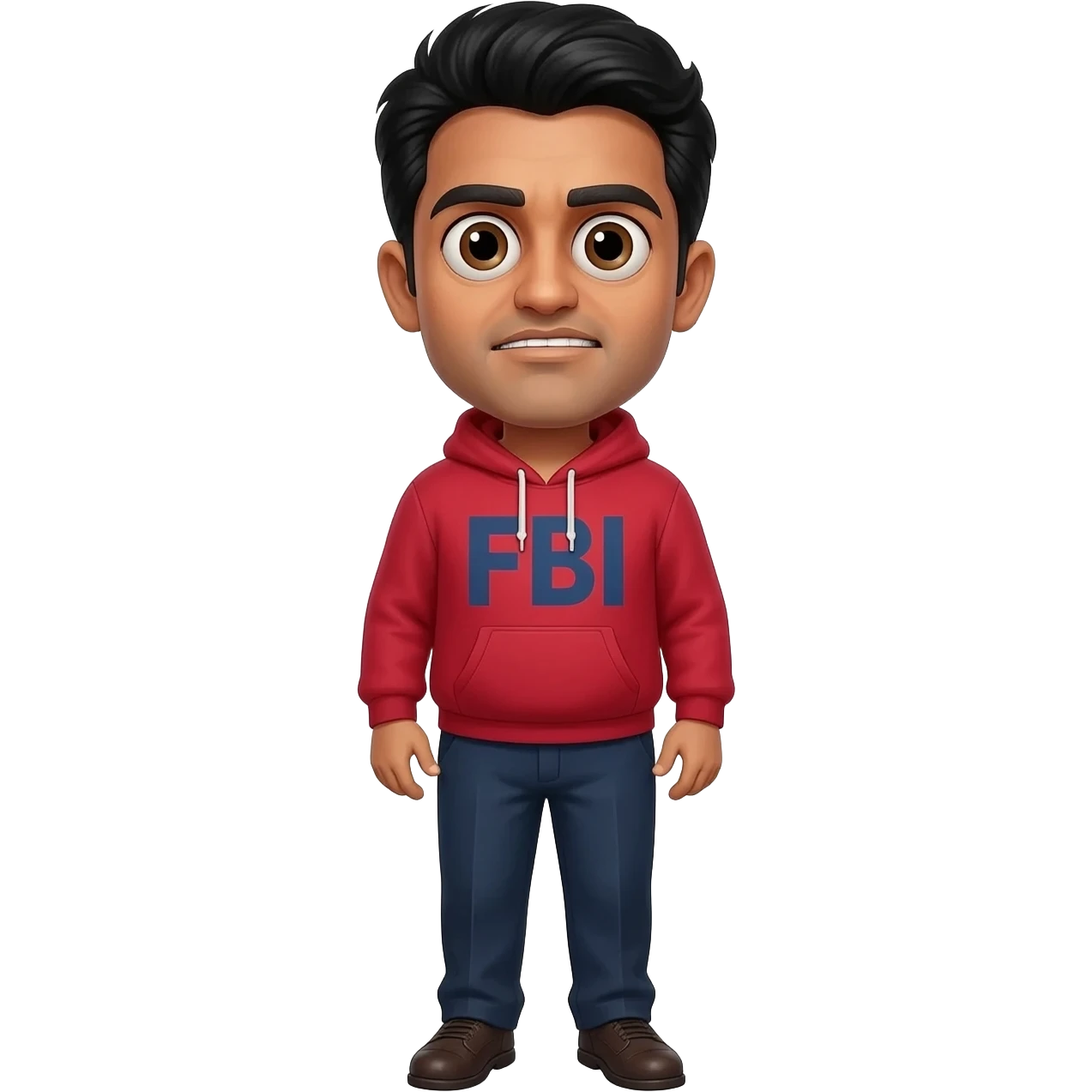 fbi director Kash Patel an Indian man with bulging eyes, in a realistic photo style full body wearing a red hoodie, bulging eyes like he's high on drugs, full body emoji