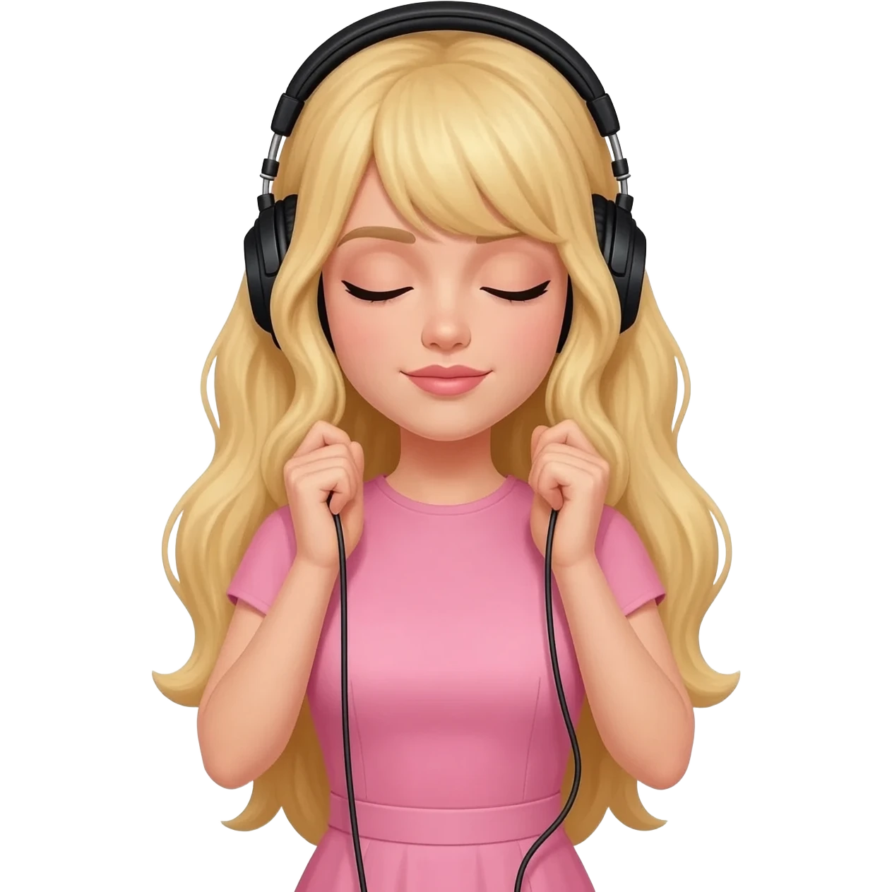 dior women with long blonde hair, pink dress wear a black headphones on head connect to pink iphone max pro and hold on headphones on head with hands on headphones with close eyes emoji