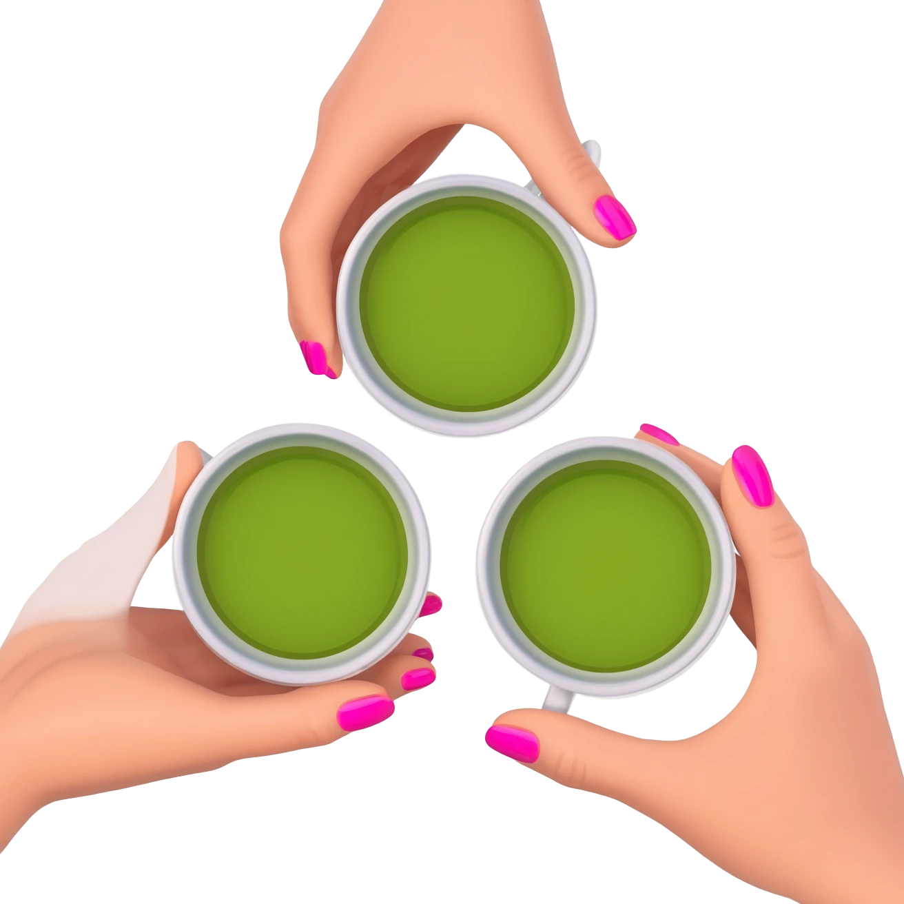 3 womens hands with nice nails holding matcha drinks together emoji