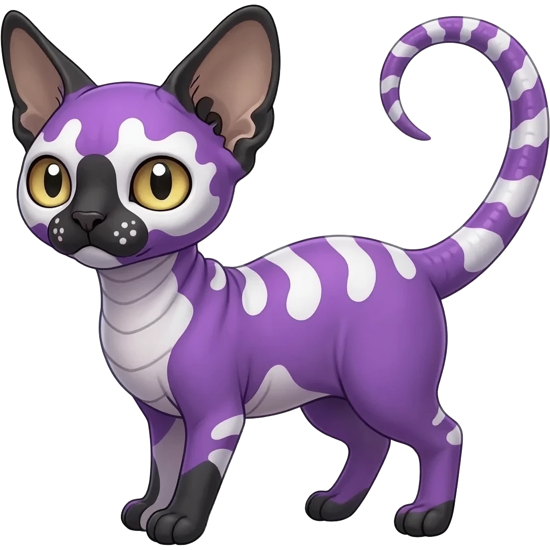 Fluffy, Purple, white, black, Minccino-Sphynx-Lykoi-Linoone-Zangoose-fusion-hybrid-animal-Fakémon-creature, full body, thin long sleek scaly tail, intricate markings emoji