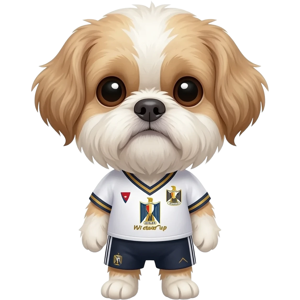 white and light brown shih zhu wearing a Egypt soccer jersey v neck 2026 work cup emoji