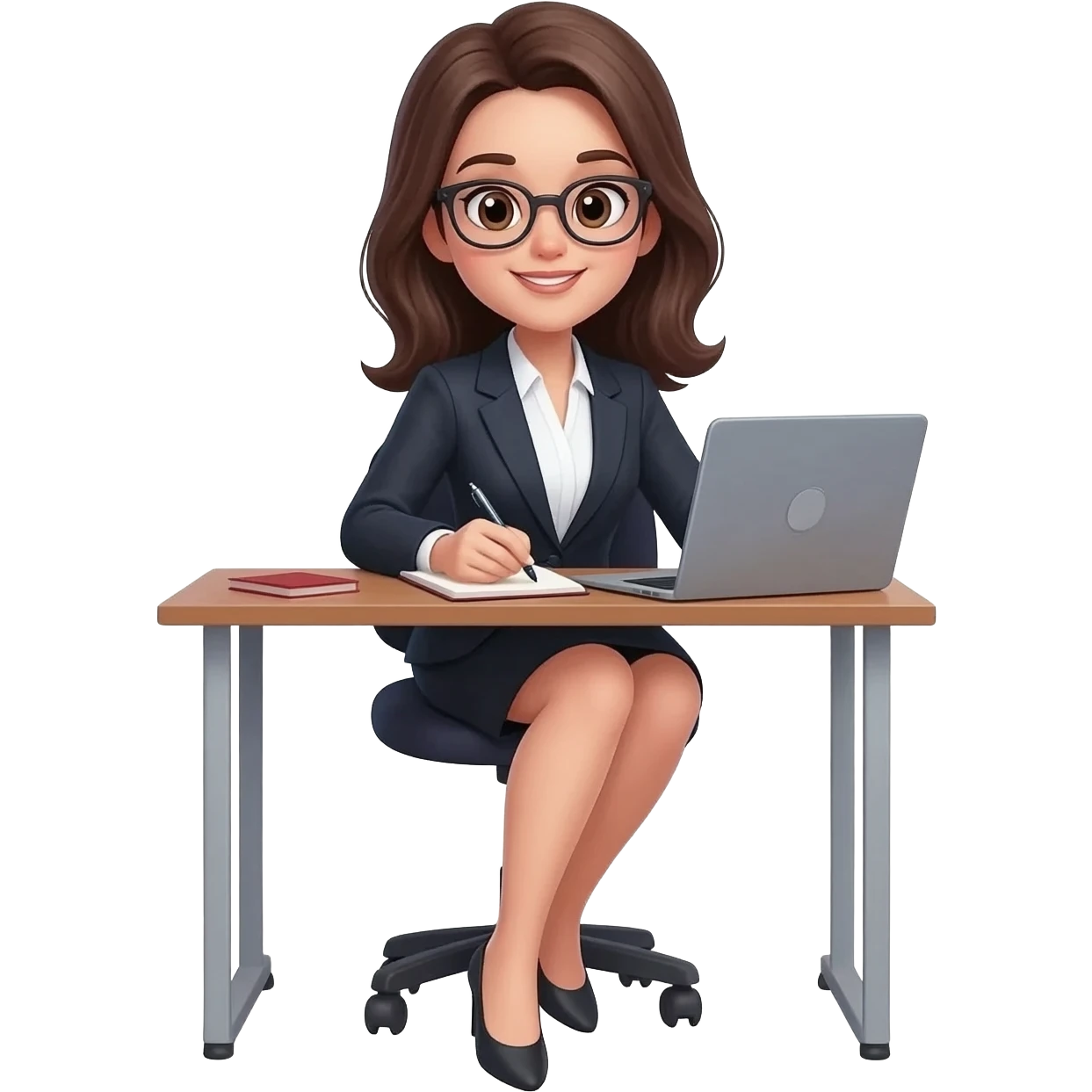 Asistente mujer en escritorio con computadora emoji