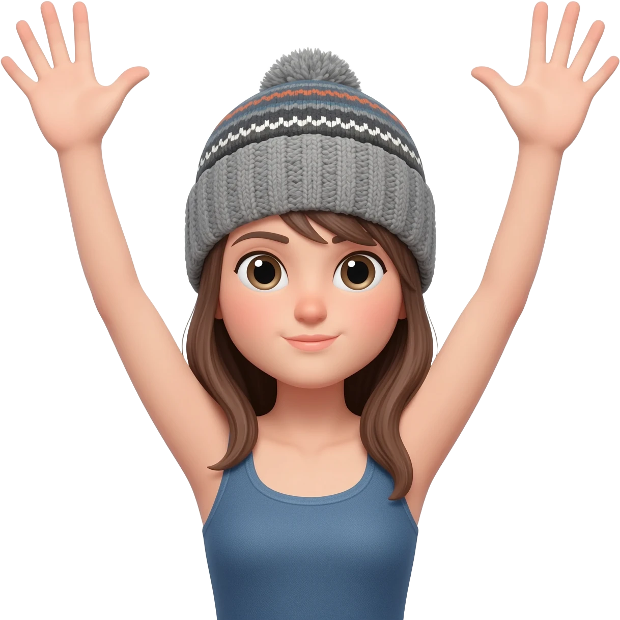 Девушка в косынке с поднятыми и разведёнными в стороны руками, ладони обращены вверх, плечи слегка приподняты - жест не знаю emoji