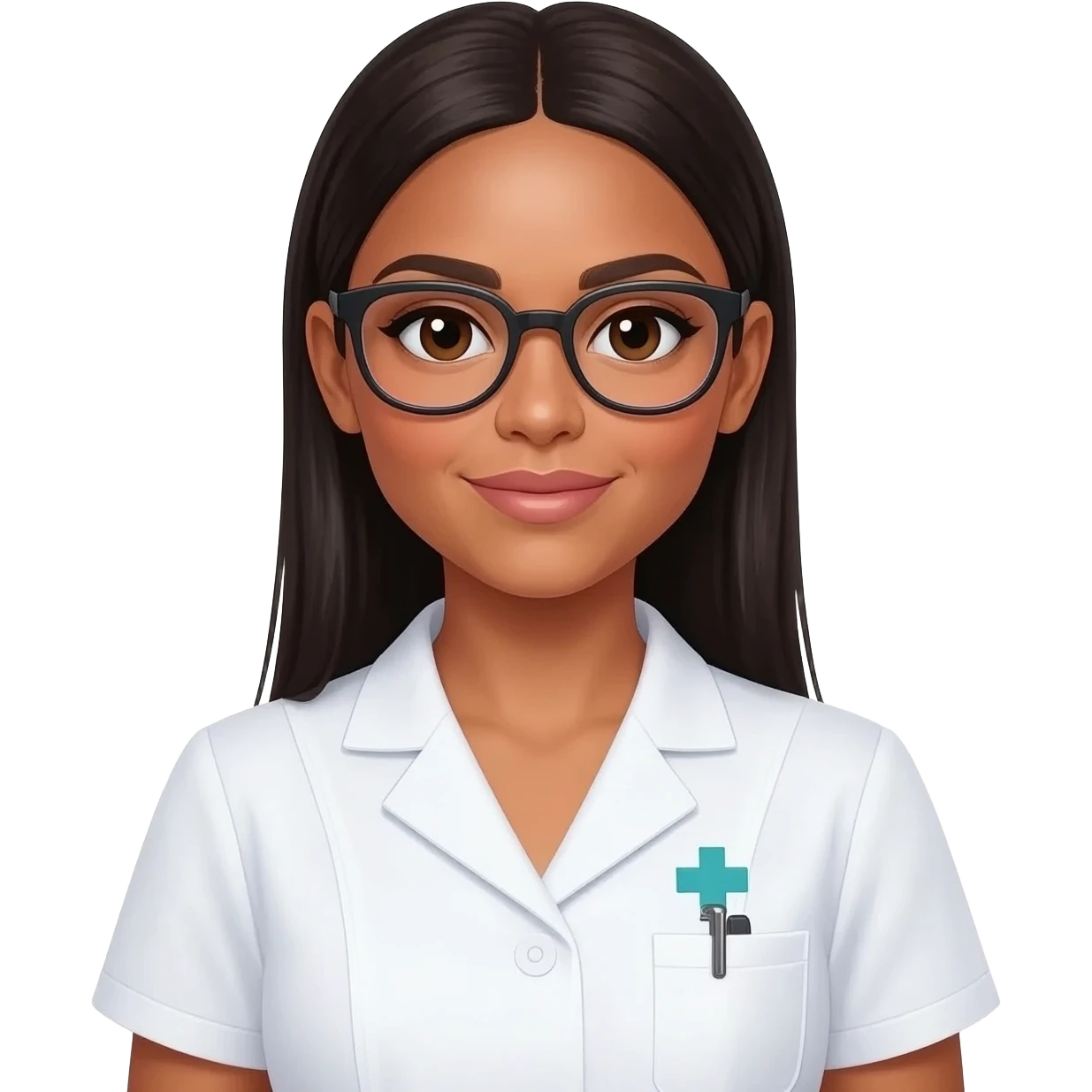 una mujer parecida a vanessa hudgens pelo liso  del área de la salud enfermera con lentes emoji