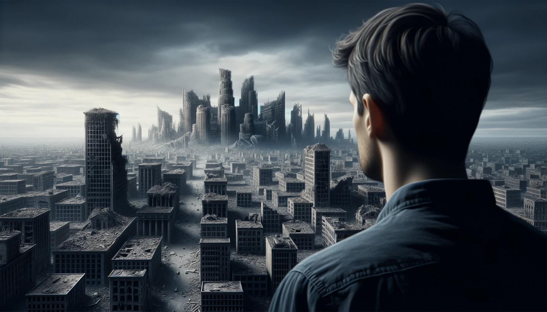 UOMO DI SPALLE DAVANTI AD UNA CITTà SMANTELLATA SENZA MURA, GUARDA LA CITTà, IPERREALISTICO 4K emoji