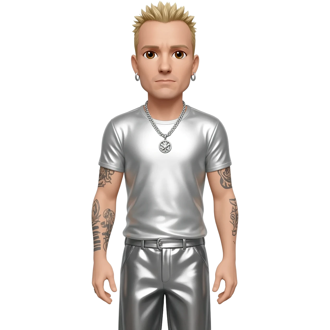 Chester Bennington with brown eyes, blonde hair, white metallic T-shirt, gray metallic baggy pants, silver necklace emoji