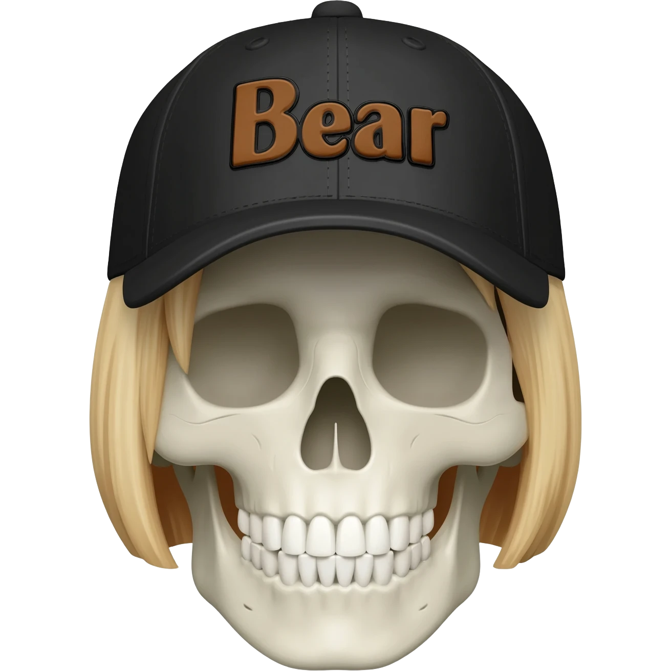 Create a skeleton head wearing a black baseball cap that says "Bear" in brown lettering, with short blonde hair emoji