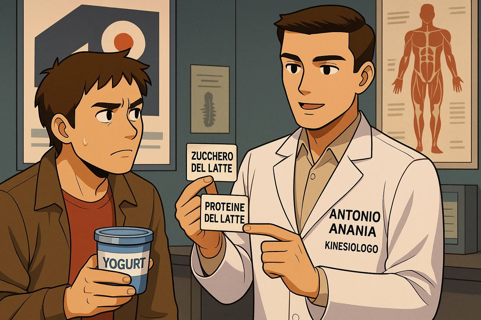 fai un webtoon manga a colori con questo stile, in cui un uomo ASCOLTA Il kinesiologo con il camice bianco (fagli anche la scritta "ANTONIO ANANIA" SUL CAMICE, IL KINESIOLOGO SPIEGA ALL'UOMO UNA COSA TENENDO DUE FOGLIETTINI IN MANO, UNO CON LA SCRITTA "ZUCCHERO DEL LATTE" E UNA CON LA SCRITTA "PROTEINE DEL LATTE". L'UOMO OSSERVA LO YOGURT CHE HA IN MANO CON ESPRESSIONE DUBBIOSA IN VOLTO. non fare i fumetti però, fai solo in modo che sembri stiano parlando emoji