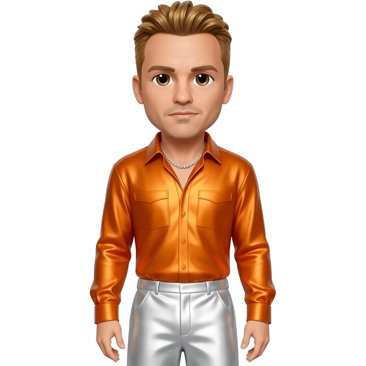 Donnie Wahlberg from NKOTB with brown eyes, golden brown hair, orange metallic shirt, white metallic baggy pants, silver necklace emoji