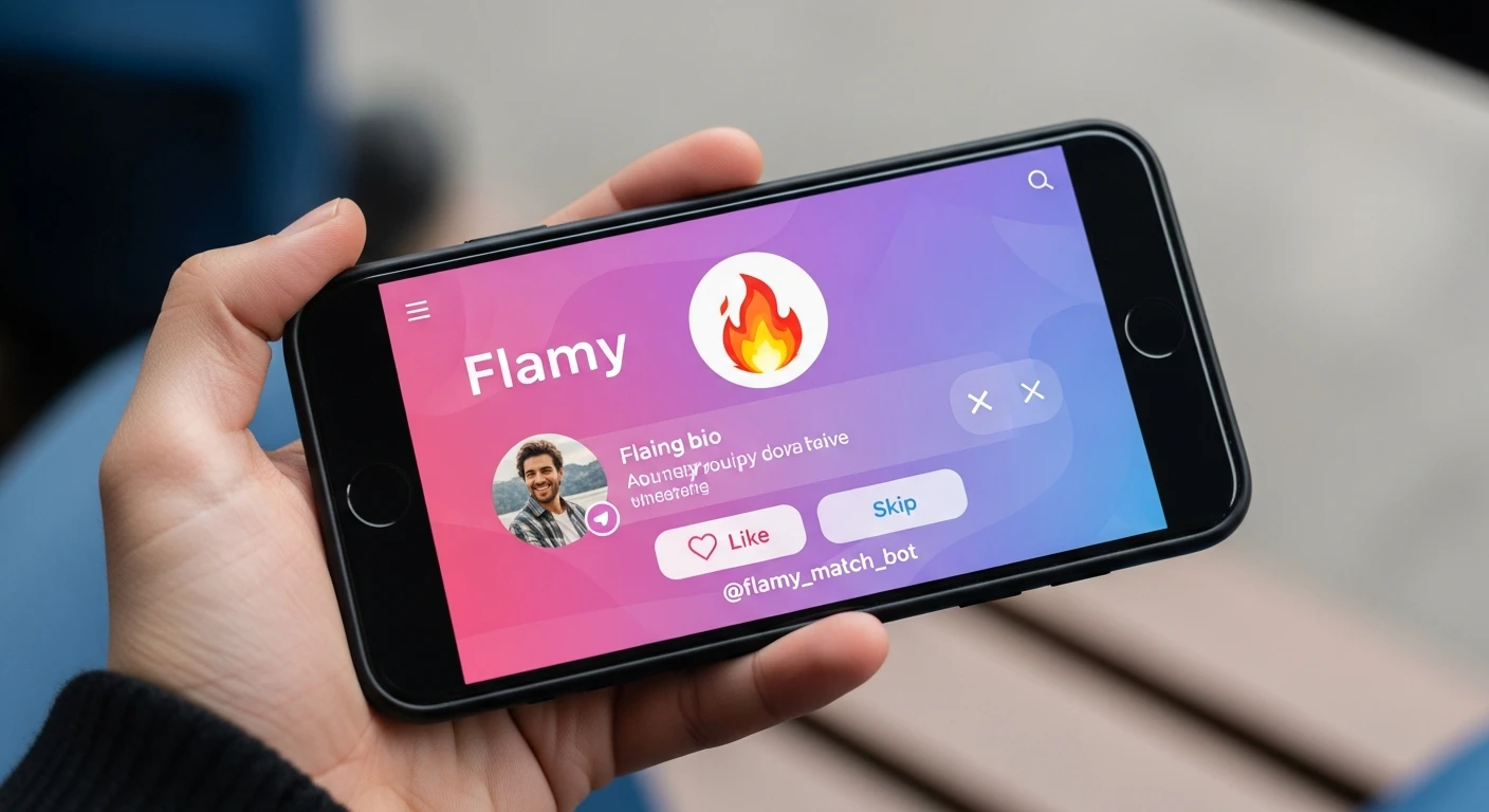у меня в телеграм бот для знакомств - Flamy. Логотип бота - Emoji огонька. id бота в телегам - @flamy_match_bot. Мне нужно чтобы ты сгенерировал картинку для рекламного поста, чтобы рекламировать бота в других каналах. Сделай рекламу где показано как держат телефон на котором открыт Flamy. emoji