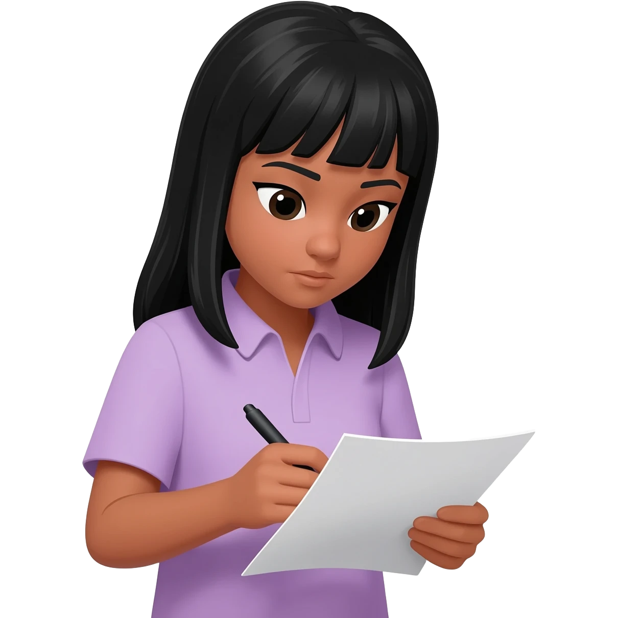 lilac shirt light tan , black hair girl writing on paper emoji