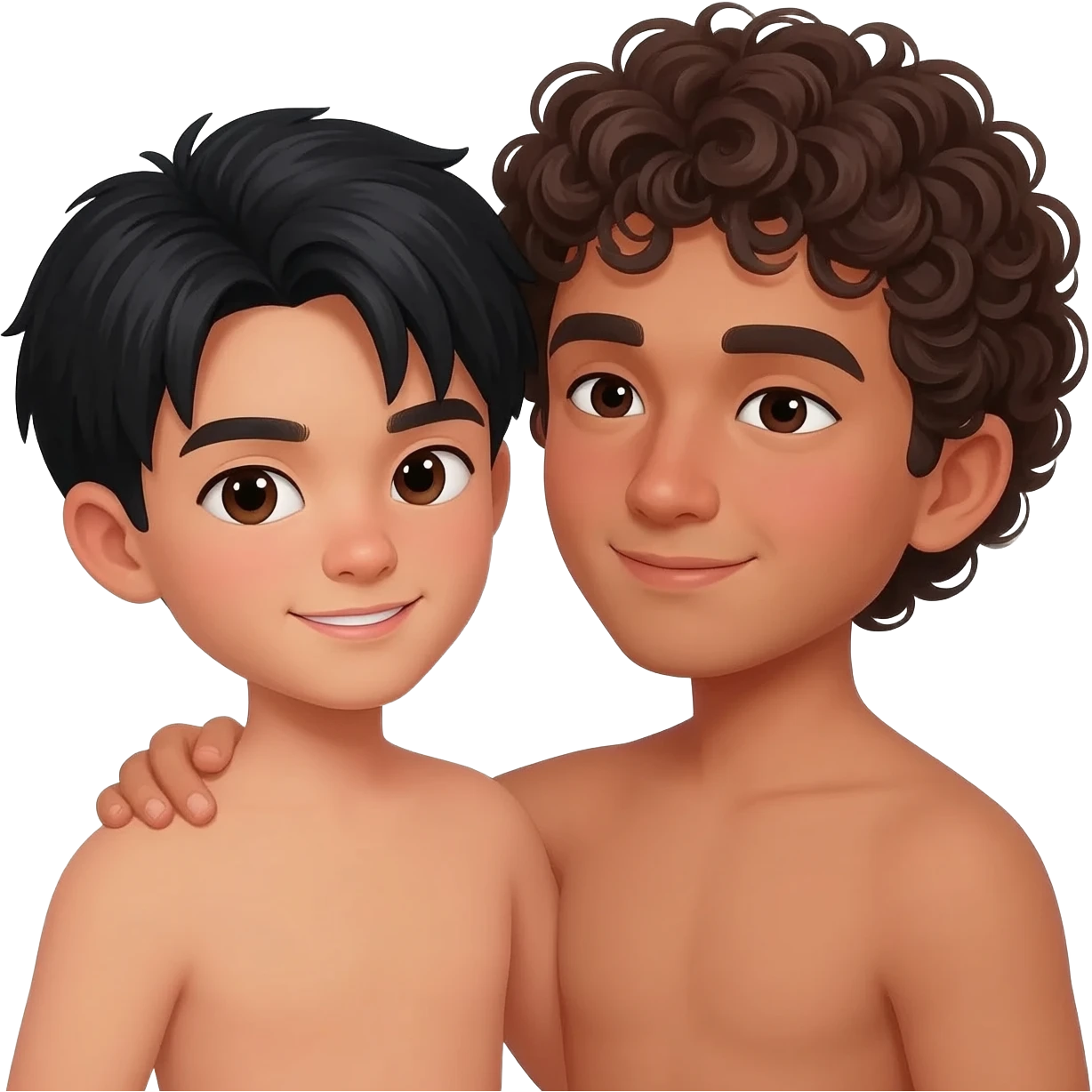 2 boys in love. One Asian a light tan with black hair and one Mexican with curly brown hair, flare skin. Both dark brown eyes emoji