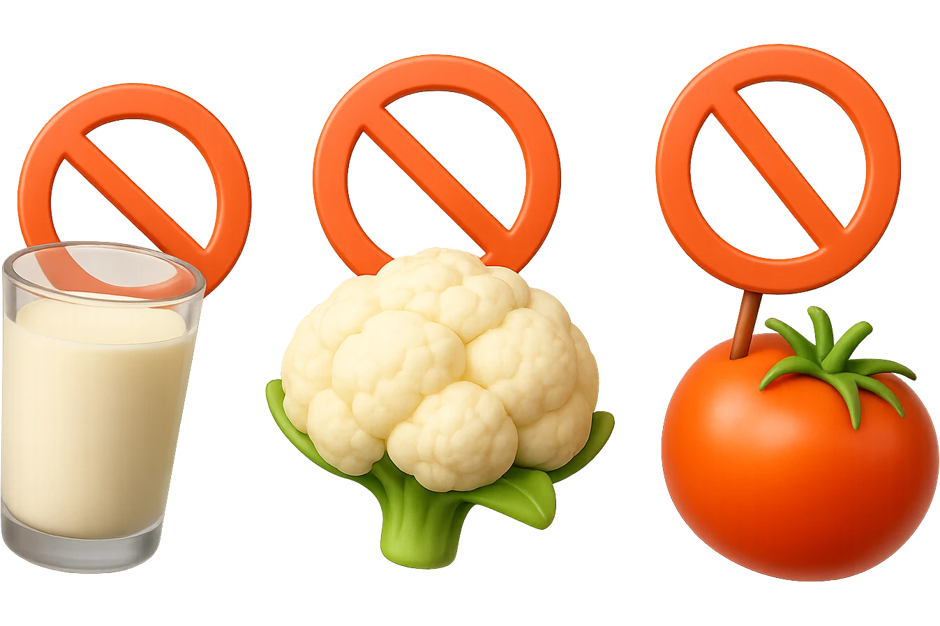 emoji stile iphone di un BICCHIERE DI LATTE CAVOLFIORE E POMODORO CHE FLUTTUANO IN ARIA CON DIVIETI IN MANO, iperrealistico 4k, isolato su sfondo bianco emoji