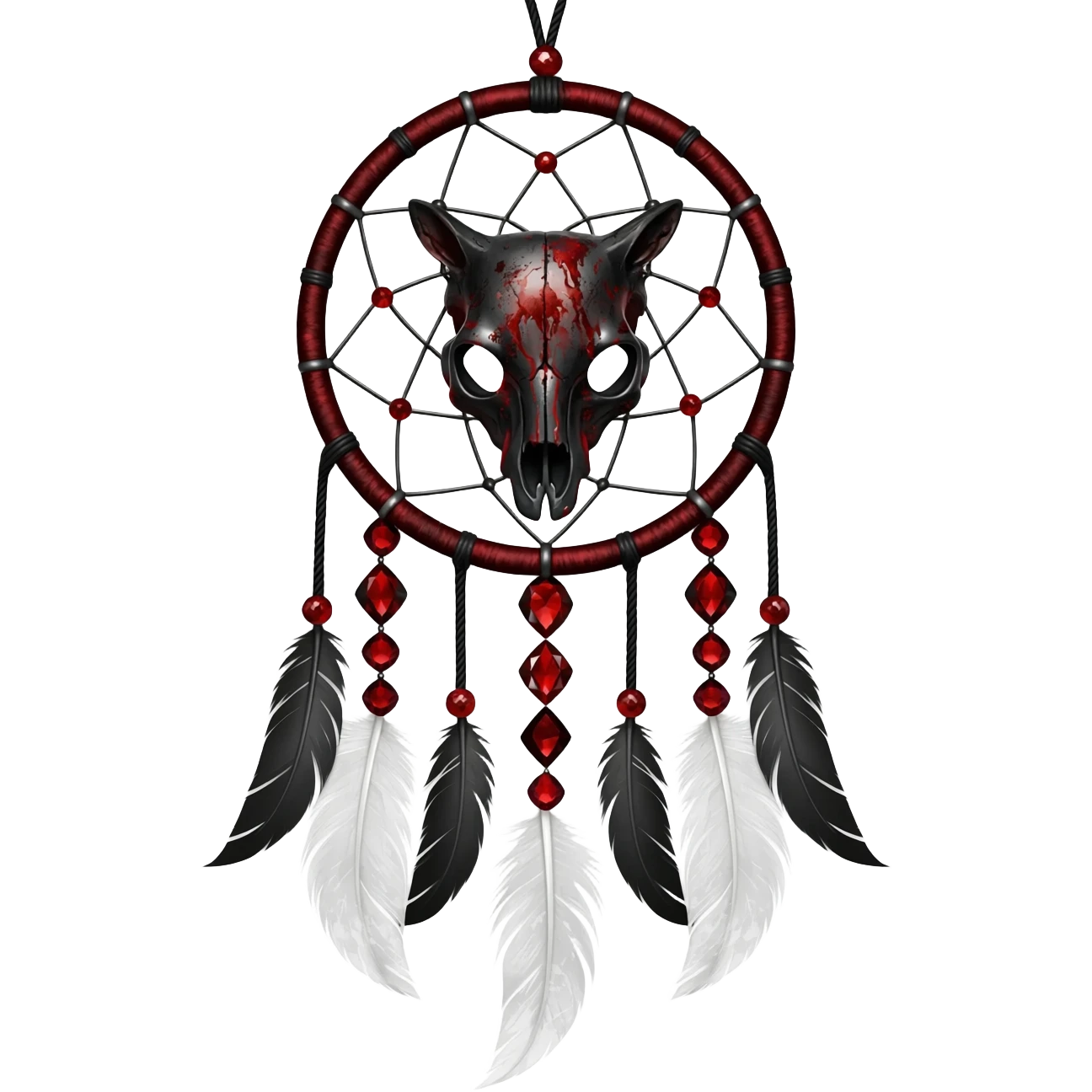Blood-red, bloody, obsidian-black, edgy, dream catcher, red gemstones, black wire, black threads, animal skull, white feathers, badass, evil, gorgeous aesthetic, gothic decoration emoji