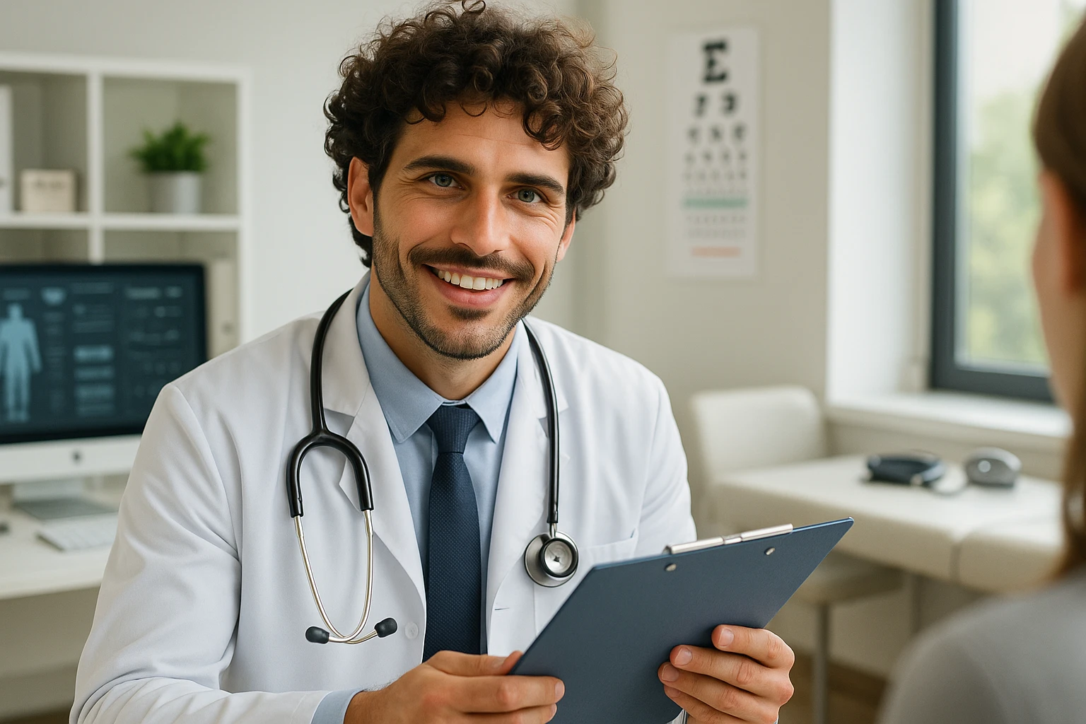 Create a hyperrealistic 4K image of a young smiling doctor inspired by the reference face, wearing a white coat and stethoscope, in a modern medical office. The doctor holds a medical chart and is advising a patient with PCOS who follows a ketogenic diet, with a professional and reassuring expression. Include realistic details, bright and welcoming atmosphere. emoji