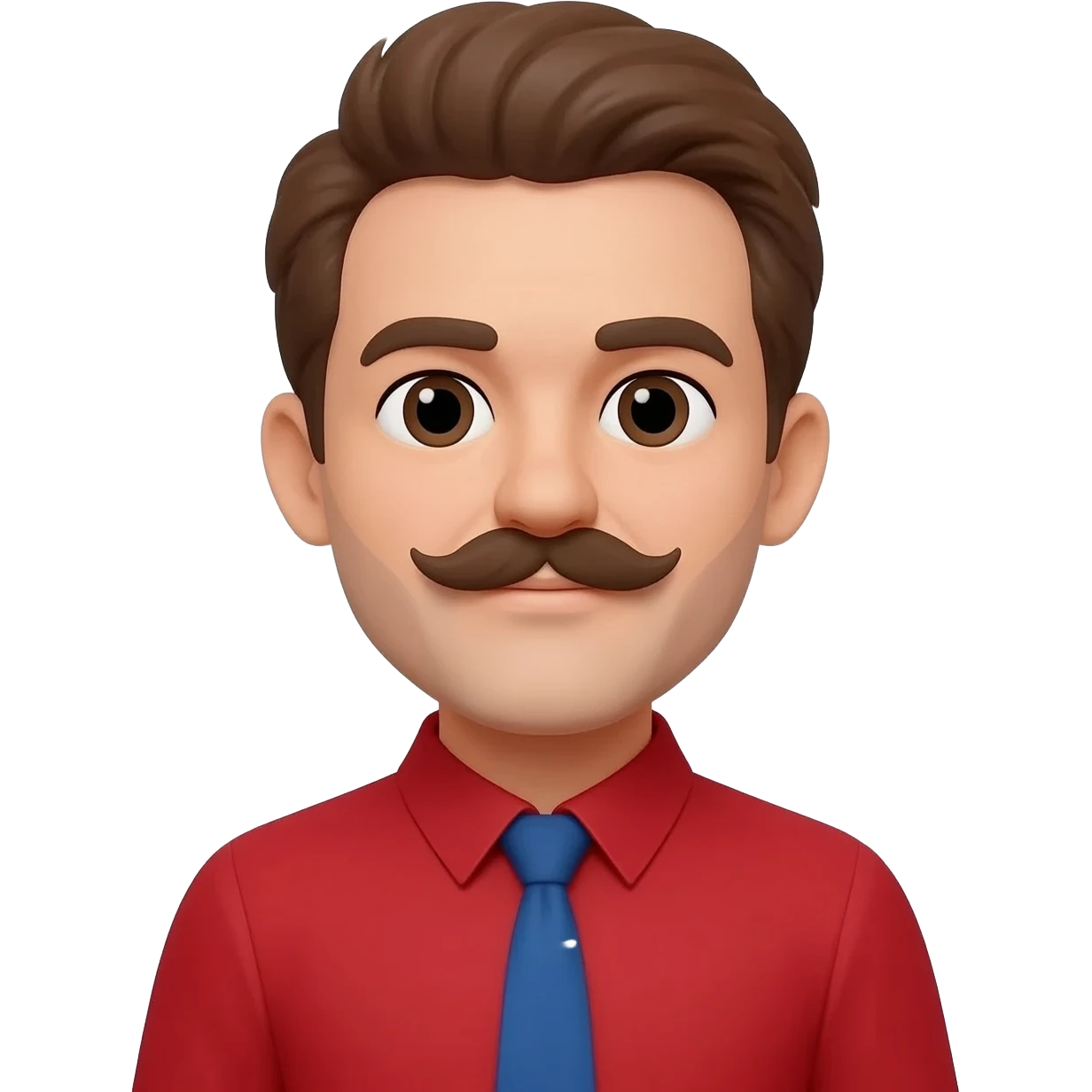 A white man with brown hair on the side of his head and back of his head, brown moustache with a circular shaped nose, and a red shirt with a blue tie emoji