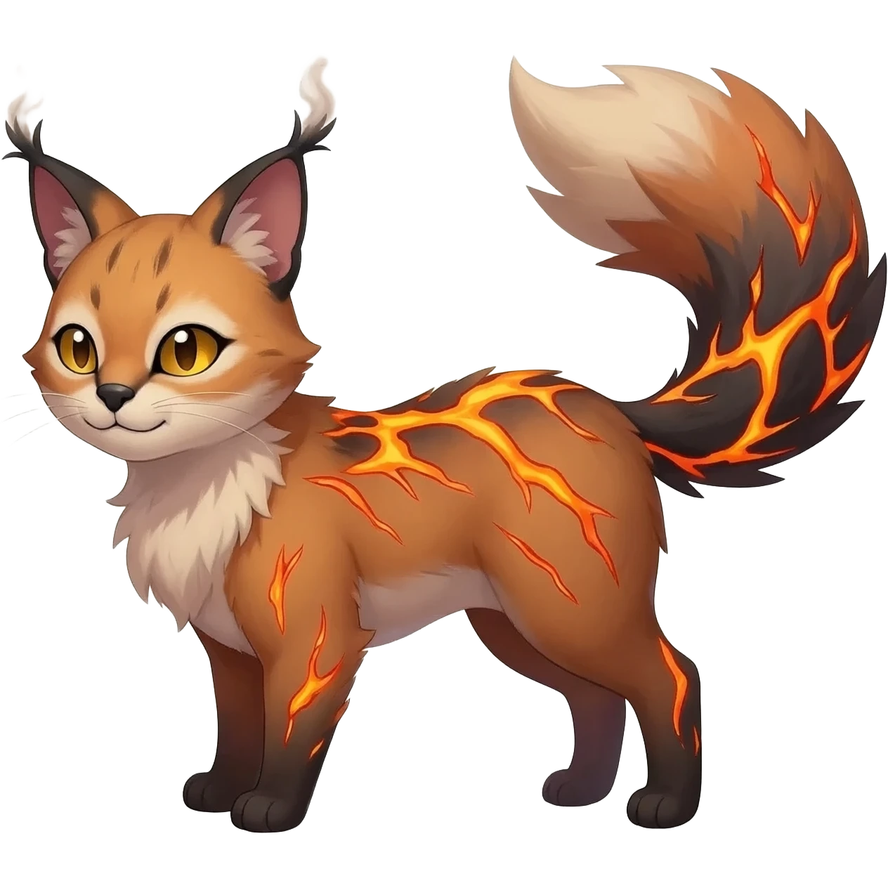 Hyper realistic  ember-rust copper fur molten with glowing magma seams and smoky tips beautiful elegant pretty precious cute  Fakémon-Pokémon-opossum-feline-serval-caracal-chinchilla-Furret-Minccino-hybrid-creature with a big fluffy bushy tail (full body) emoji